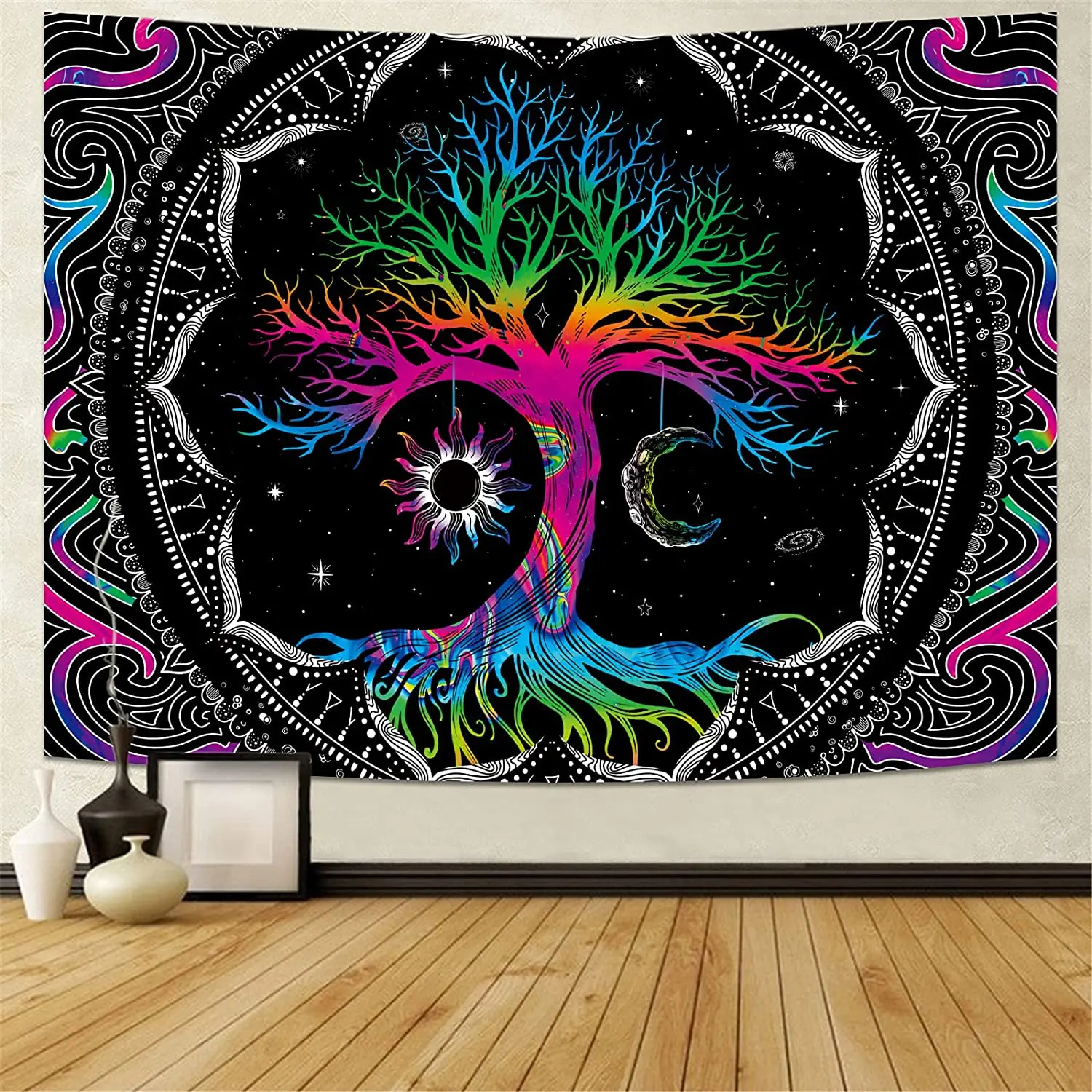 

Tree of Life Tapestry Trippy Mandala Wall Tapestry Hippie Moon and Sun Tapestry Black Galaxy Stars Tapestry Colorful