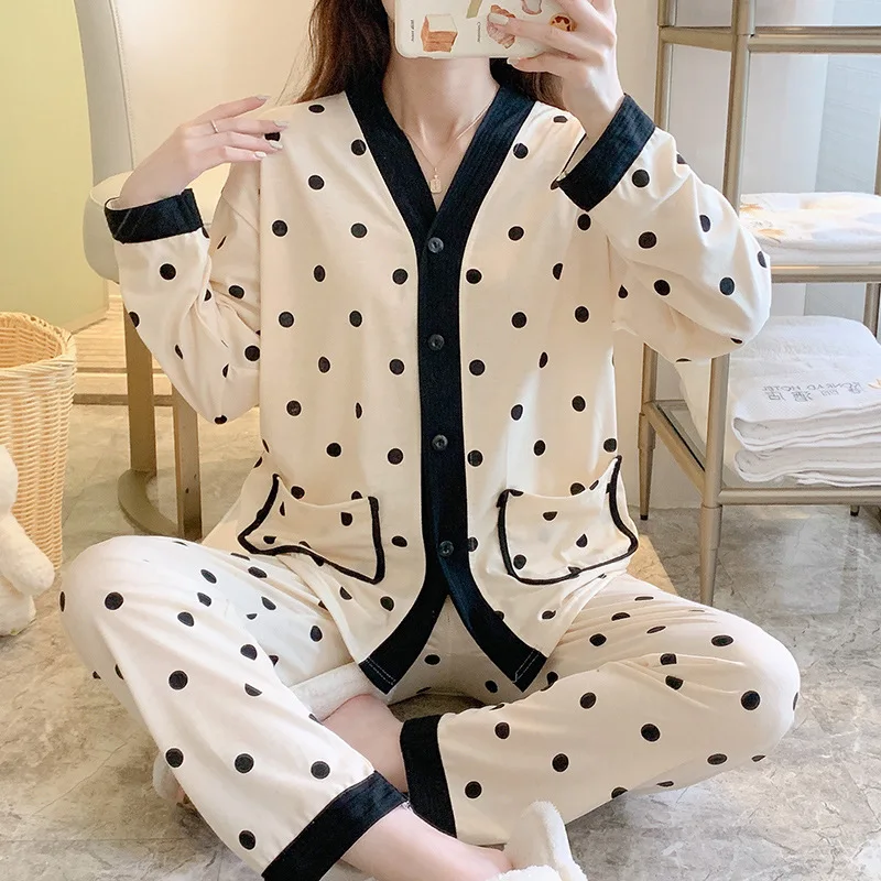 

Women 2 Pieces Pajamas Set 100% Cotton Pyjama Polka Dot Pijama Women Homewear Soft Sleepwear Long Sleeve Lapel Shirt Pants Suit