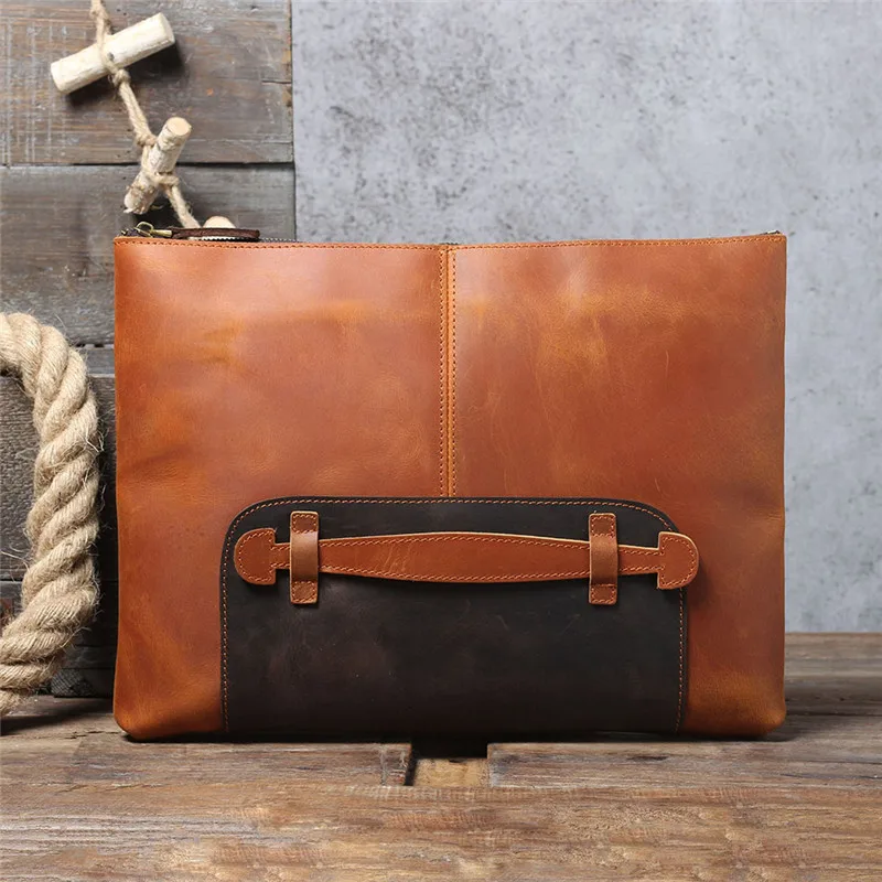 Vintage genuine leather men's large-capacity A4 file clutch bag simple natural real cowhide work tablet computer storage bag