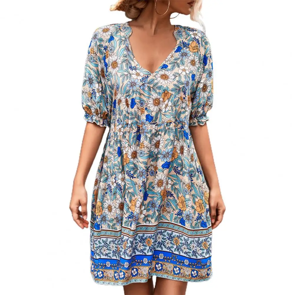 

Mini Dress V Neck Bohemian Short Sleeve Floral Print Women Short Dress for Date