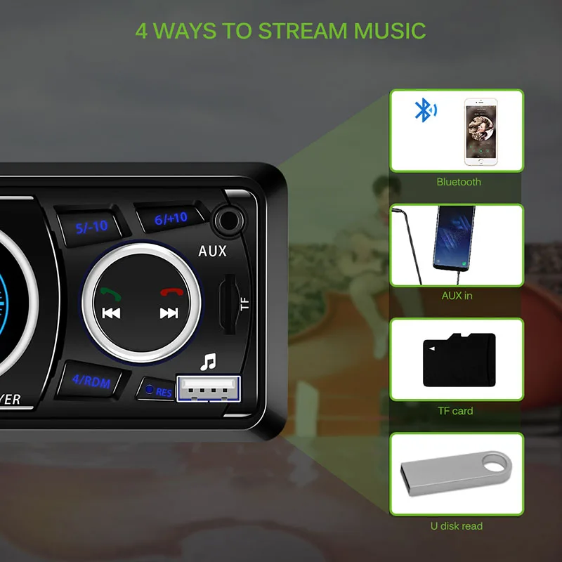 Автомагнитола 1 Din 12 В Bluetooth ЖК-дисплей FM Aux вход USB MP3 60 Вт X 4 |