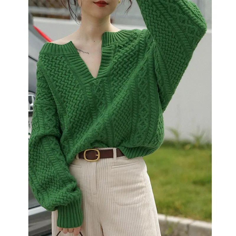 

Sarebon 2022 Women Casual Lantern Sleeves V Neck Loose Knit Pullover Sweater