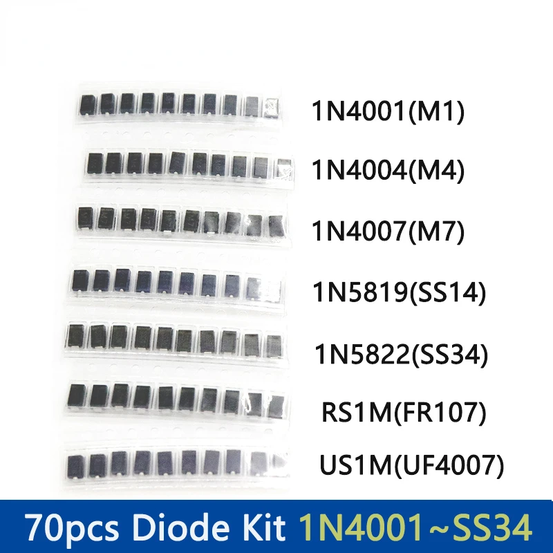 

70pcs/lot SMD Diodes 1N4007 M7 1N4001 M1 1N4004 M4 SS14 US1M RS1M SS34 7 Values*10pcs Electronic kit schottky diode set pack