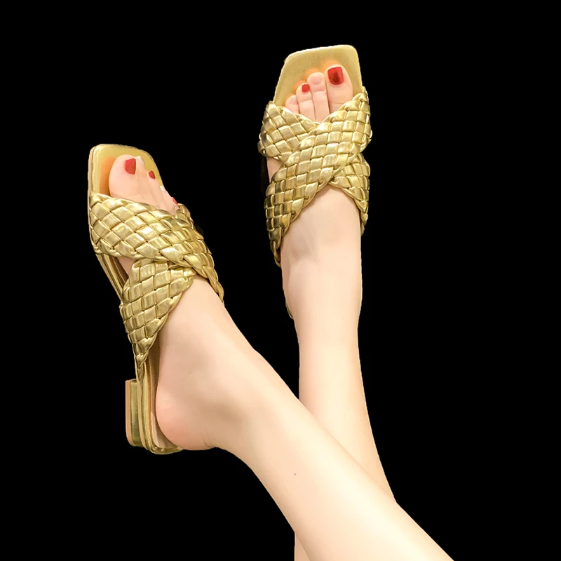 

Туфли женские с квадратным носком, модные летние шлепанцы, открытый носок, однотонные, низкий каблук, повседневные Простые тапочки, 2023