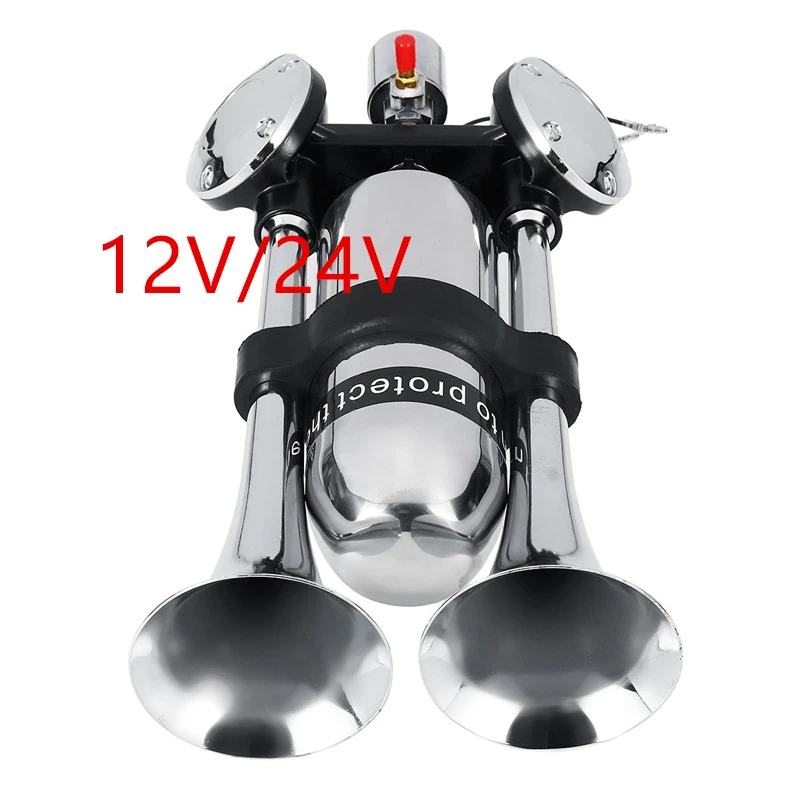 

Электрический гудок для поезда, грузовика, 12 В/24 В, двойной Гудок, громкий хромированный воздушный гудок, комплект динамиков 500 дБ для поезда, грузовика, 12 В/24 В