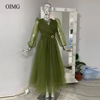 oimg army gree tulle prom dresses modest v neck puff long sleeves ankle length women formal party dress simple evening gown