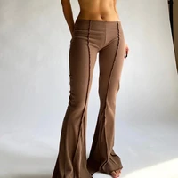 womens solid color fashion low waist tight fitting flared trousers basic casual all match knit boots cut womens 2021 clothing