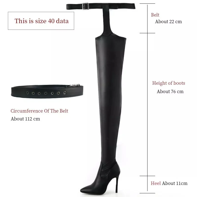 2021 Winter Women's High Knee Boots Leather Quality Shoes Sexy Stiletto Heel Belt Buckles Large Size Thigh High Boots Female