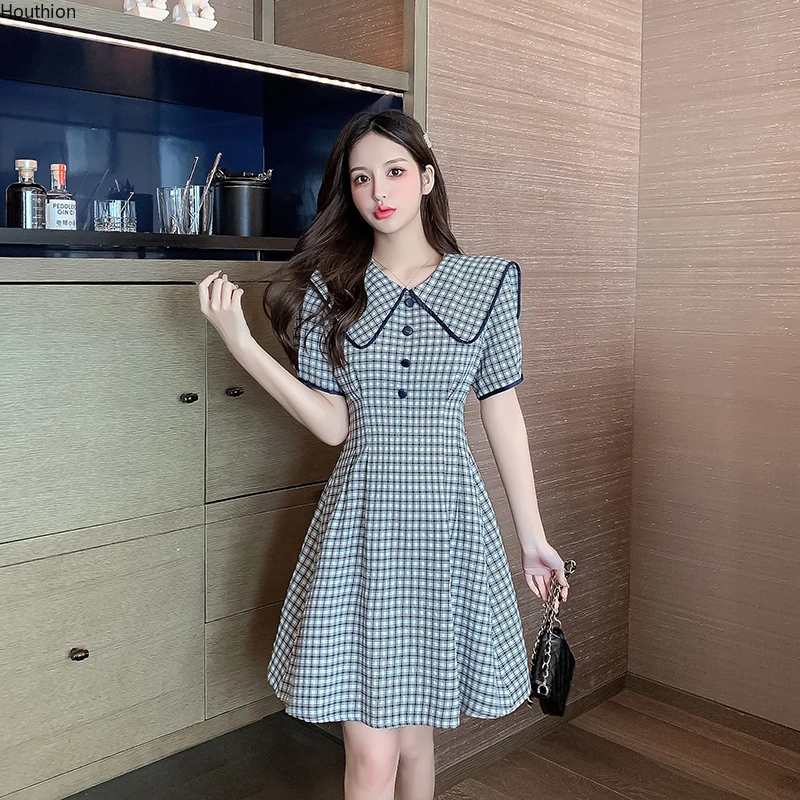 

Женское шифоновое платье, летняя модная Корейская версия, клетчатая одежда с высокой талией и открытой спиной в стиле преппи