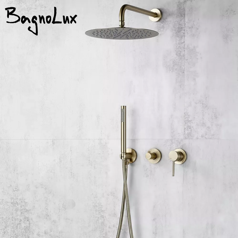 

Wall Mounted Brass Brushed Gold Water Contral Valve Rain Shower Head Handheld Holder Hose Bathroom Faucet