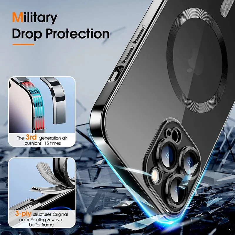 Luxury Magnetic Case For Magsafe Wireless Charging For iPhone 14 13 12 11 Pro Max Plus Lens Protector Clear Plating Soft Cover