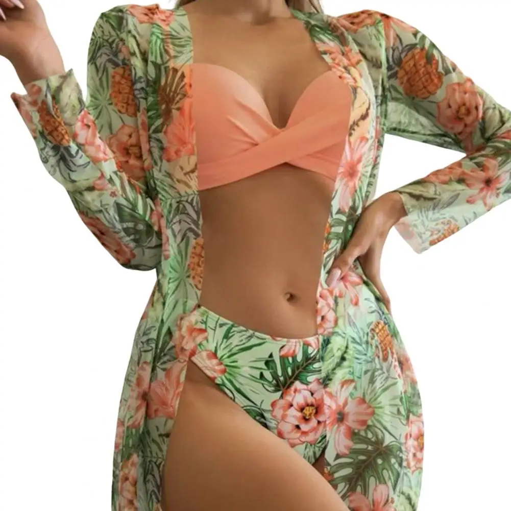 

Комплект бикини Быстросохнущий, пикантная пляжная одежда на тонких бретельках с цветочным принтом, с эластичной подкладкой, без косточек, 3 шт./комплект, на лето