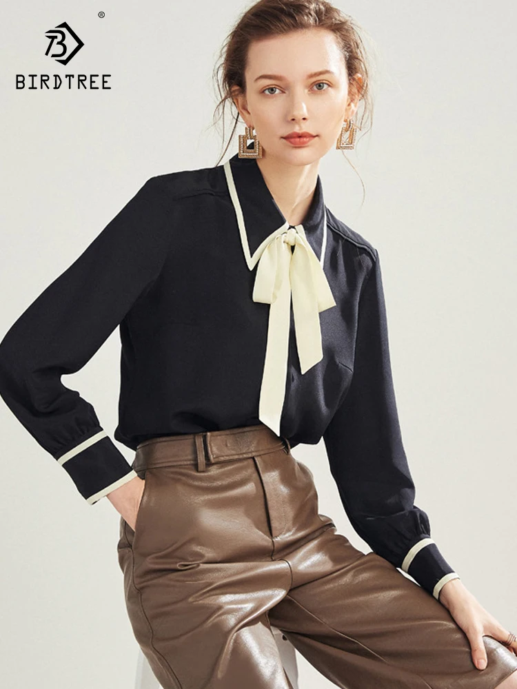

Birdtree 6A 100% шелк тутового шелкопряда Черная Женская рубашка Весна/Лето 2023 новый французский на шнуровке с длинными рукавами офисный женский топ T38359QC