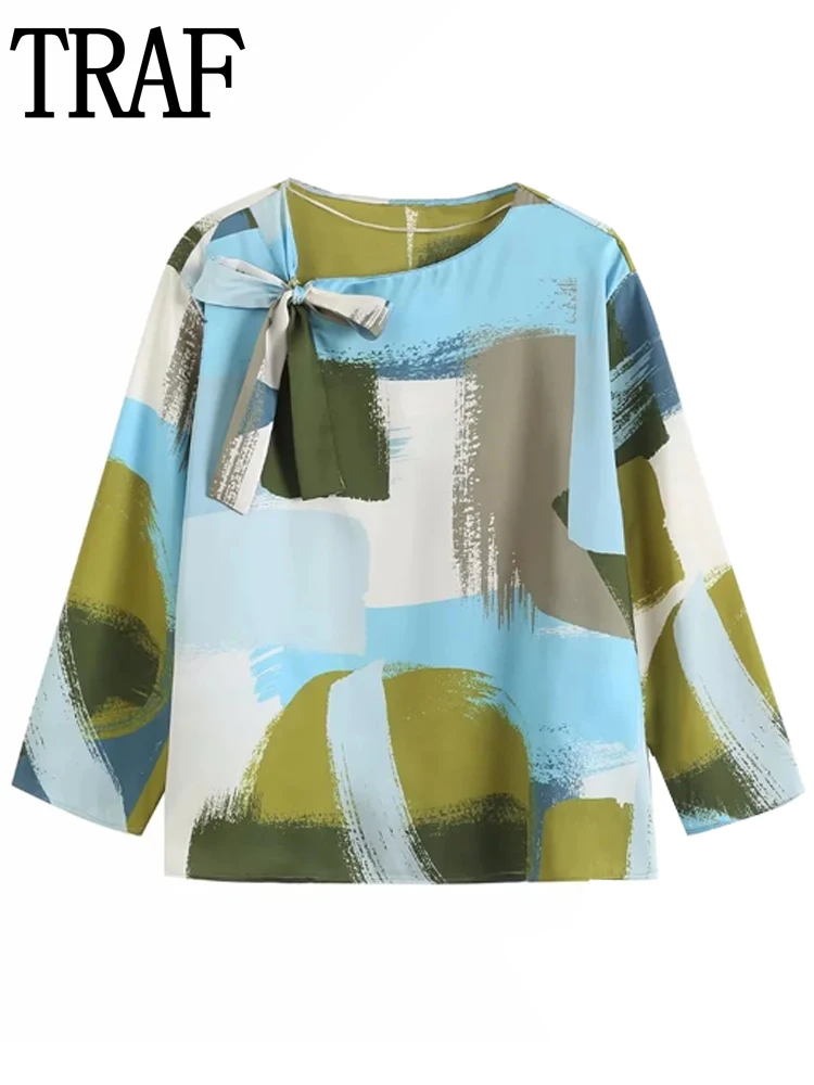 

TRAF Print Blouses Women 2023 Tied Round Neck Women Tops Fashion Spring Elegant Woman Top With Sleeves Cropped Blouse Female
