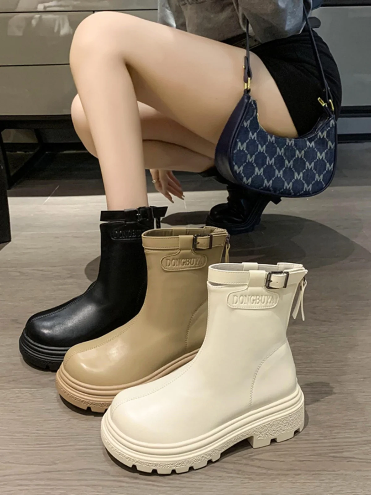 

Женские ботинки, резиновая обувь, дождевые ботинки на молнии сзади, женские ботильоны с круглым носком в Стиле Лолита, рок, на среднем каблуке, осень 2023, хлопчатобумажная ткань Sewin