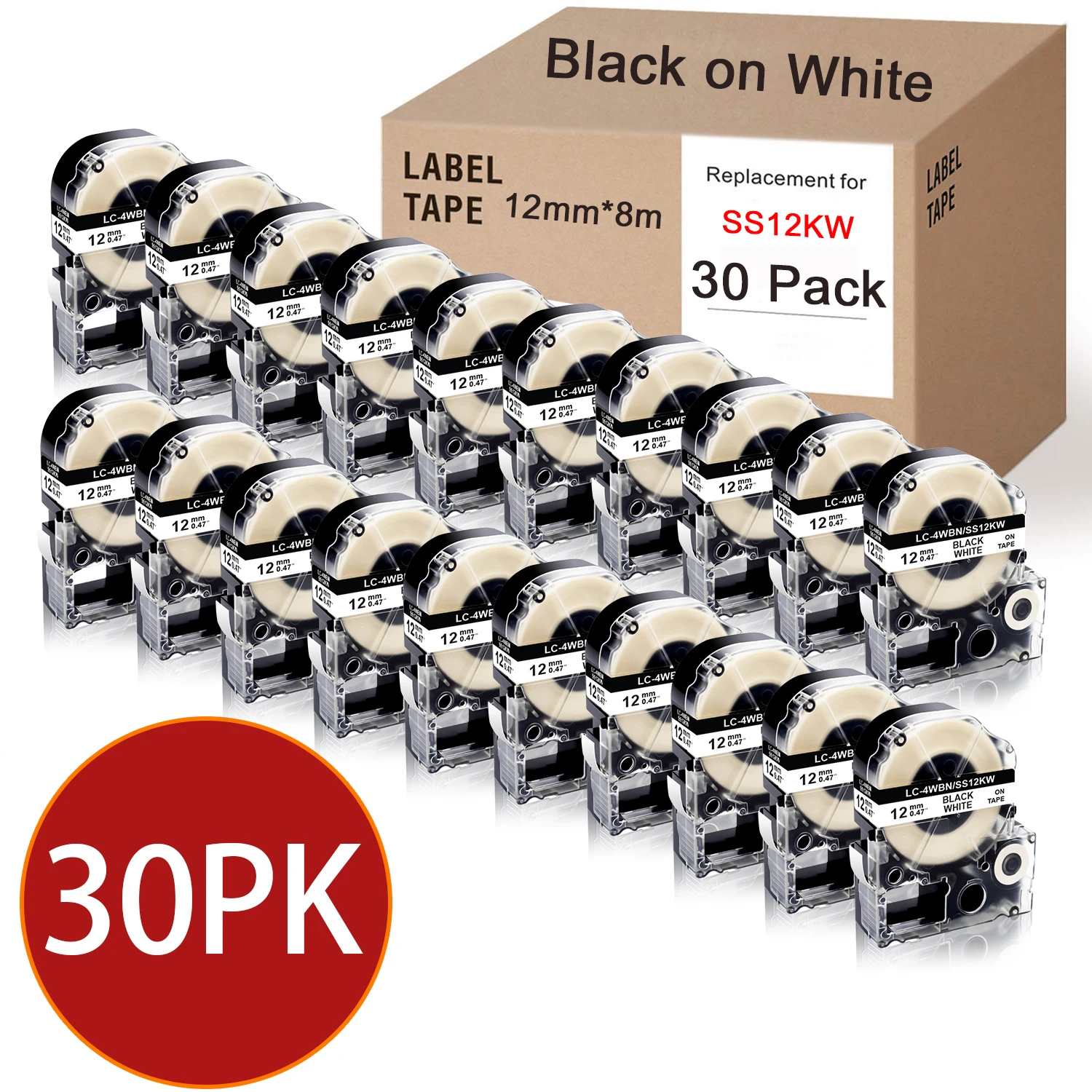 

Labelwell 30PCS Labels SS12KW LC-4WBN Compatible for Epson LabelWorks LW-300 LW-400 LW-600P Label Maker 12mm Black on White Tape