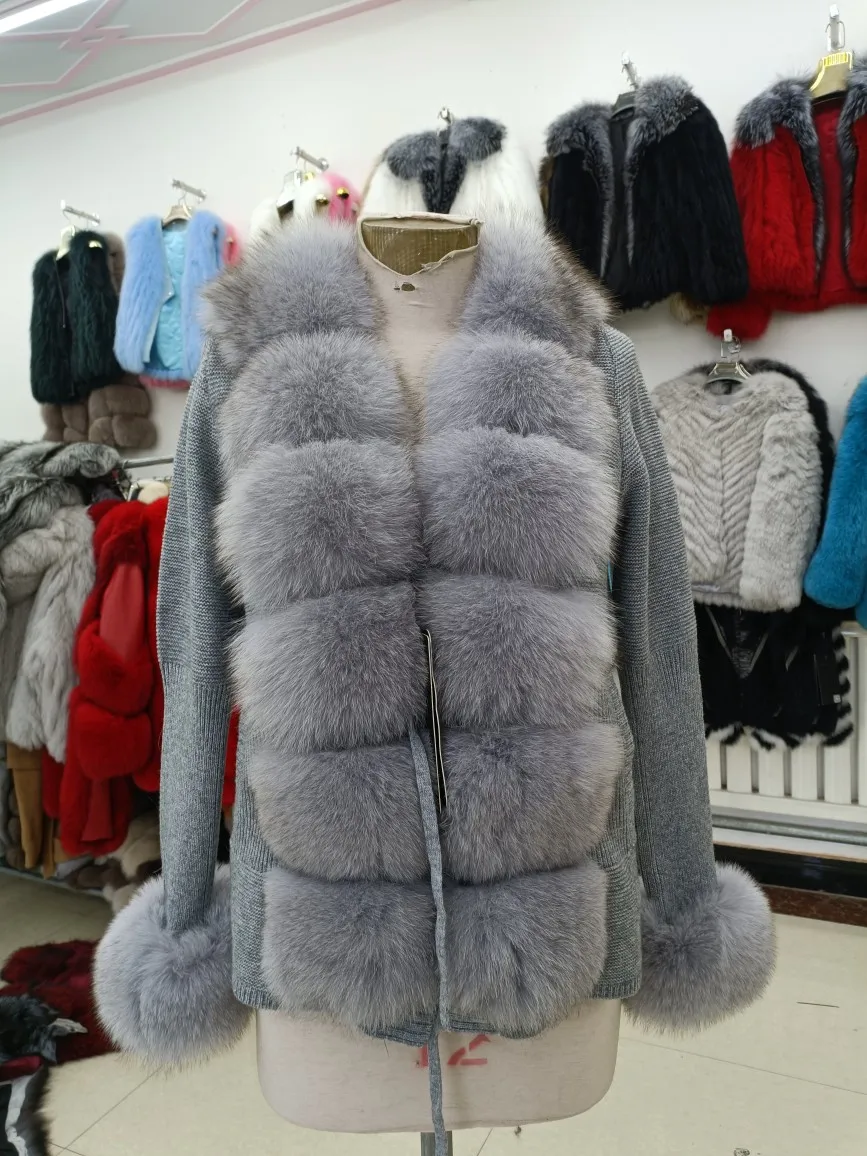 Women Knitted Cardigans Sweater With Natural Fox Fur Lady Knitwears Crop Cardigan Real Fox Fur Coat Raccoon Fur Overcoat enlarge