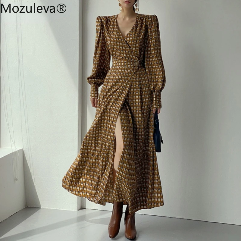 

Mozuleva New Spring Fashion V-neck Women Printed Mid-Length Dress Long Sleeve Slim Waist Elegant Female A-line Dress 2022