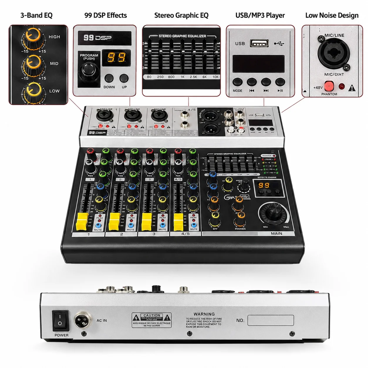 Фото Аудиомикшер K-400 с 99 DSP-эффектами, USB-воспроизведением, 7-полосным эквалайзером, 3 микрофонными входами, компактный микшерный пульт для караоке и живых выступлений №1