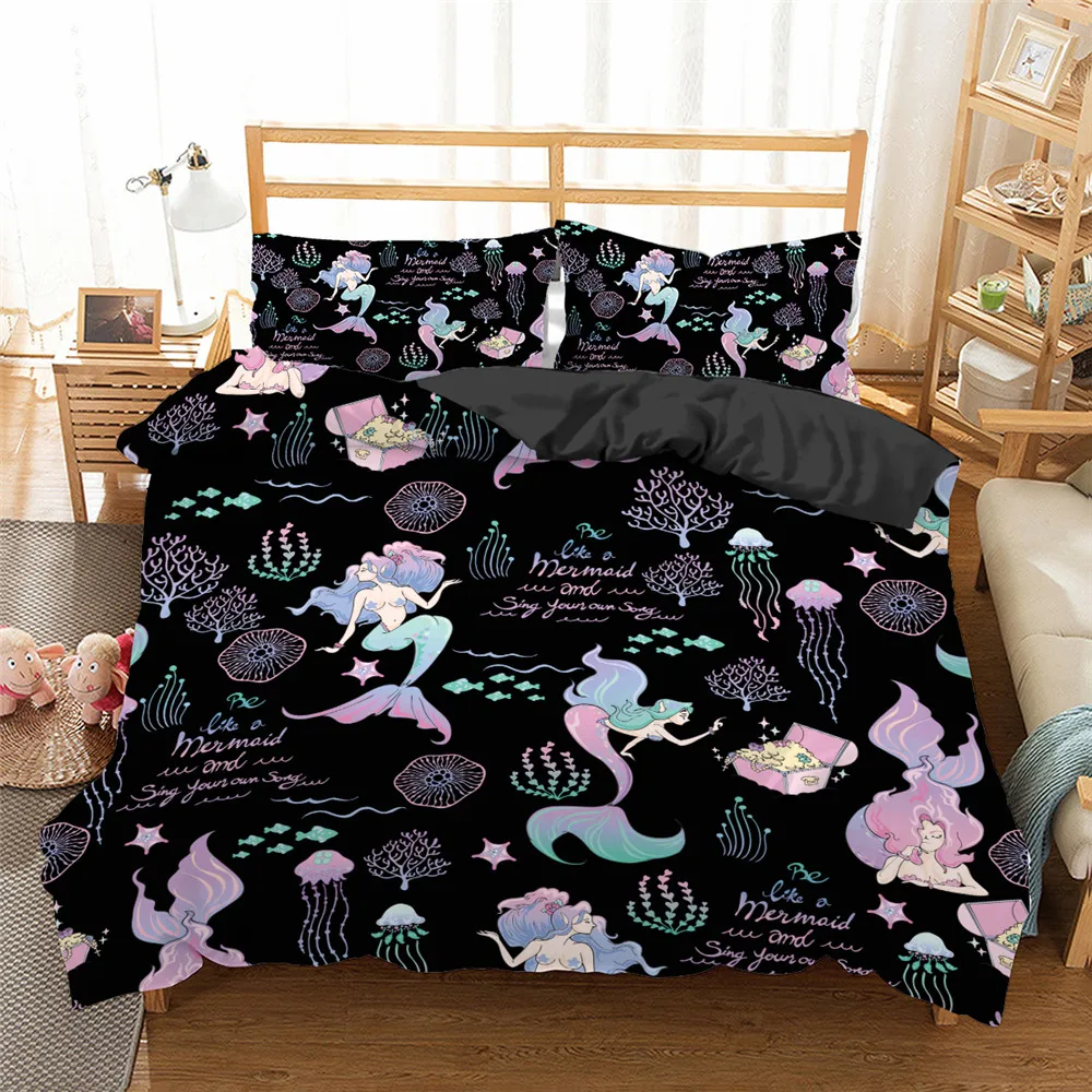 Постельное белье «Home Textiles Luxury 3D Cartoon Mermaid Print» с наволочками 2/3 шт. для детской кровати с изображением мультяшной русалки. Размеры: односпальный, полуторный, двуспальный.
