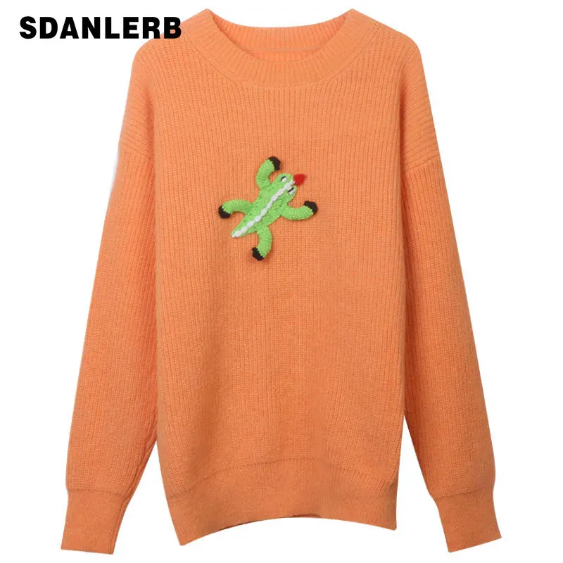 

Idle Style Long Sleeve Sweater New Autumn Winter Women's Orange Cartoon Decoration Loose Mid-Length Thick Knitted Pullover