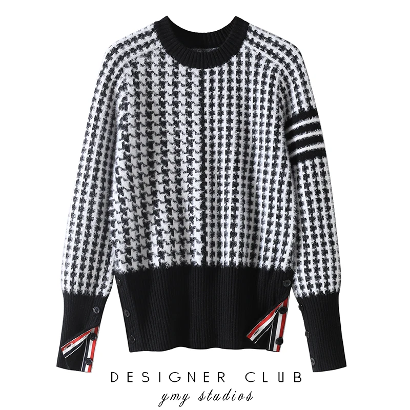 

TB Sweater Women's Autumn and Winter Houndstooth Black and White Plaid Round Neck Long-sleeved Pullover Bottoming Sweater Top