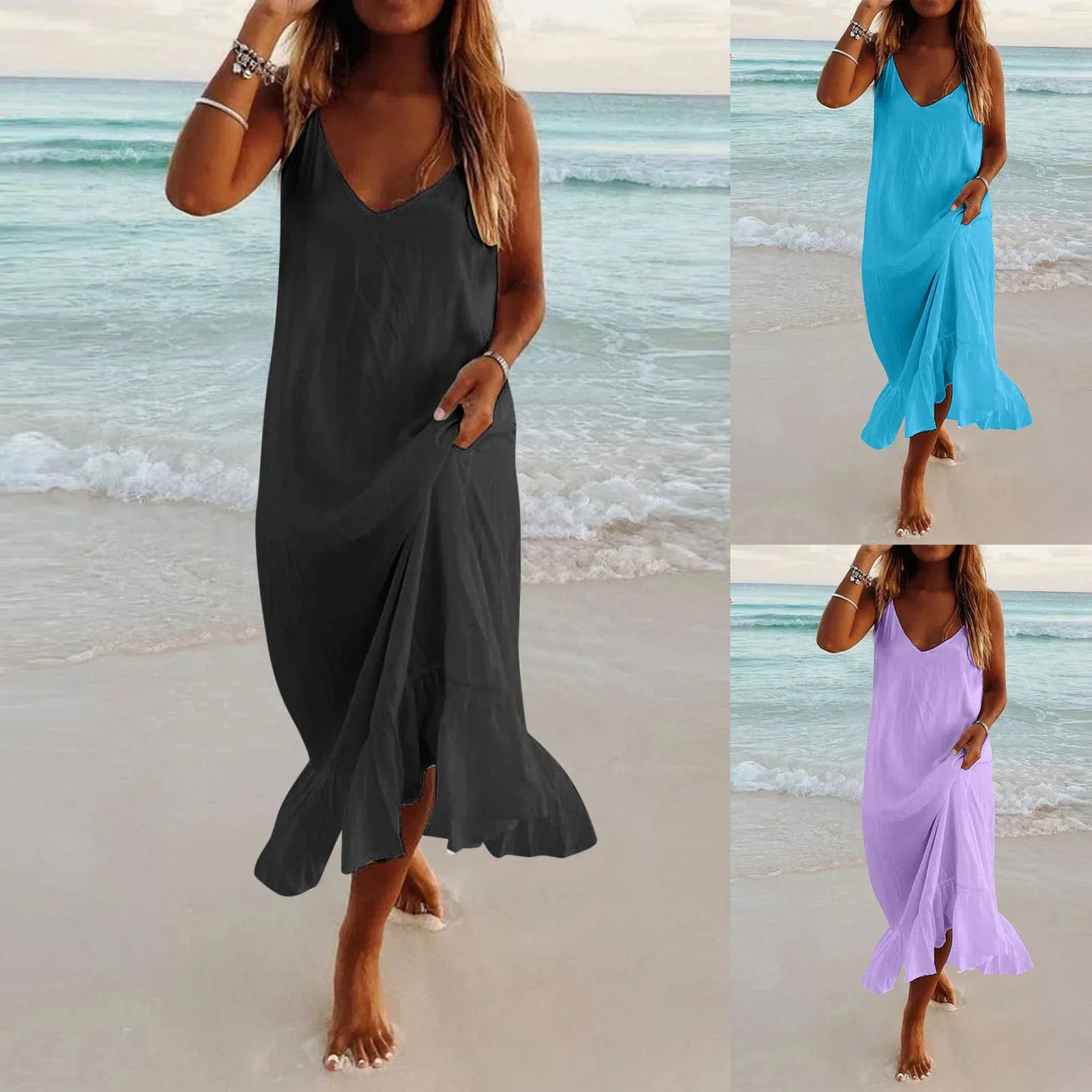 

Women White Casual Dress Women V Neck A Beach Dress Spaghetti Strap Line Maxi Sleeveless Solid Camis Women Beach Wear Womens