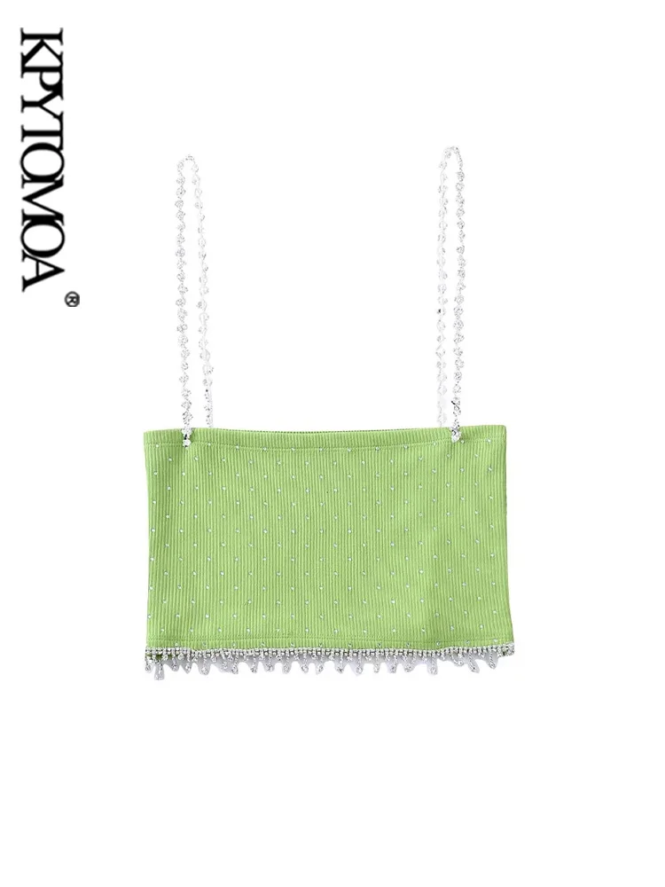 

KPYTOMOA Женская мода с стразы кисточкой бисером укороченные трикотажные топы винтажные без рукавов на тонких бретельках Женские майки