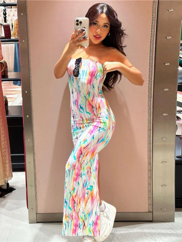 

Красочное облегающее платье с принтом Laxsesu, сексуальное женское платье с открытыми плечами и разрезом, элегантные праздничные платья для женщин 2023