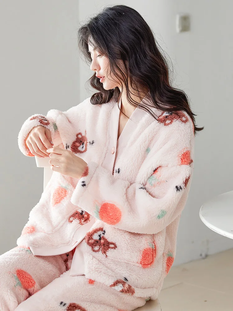Japan fashion Sweet Thickened Pajamas Women's Autumn and Winter V-neck Cardigan Fleece-lined Warm Flannel Long sleeve Homewea...
