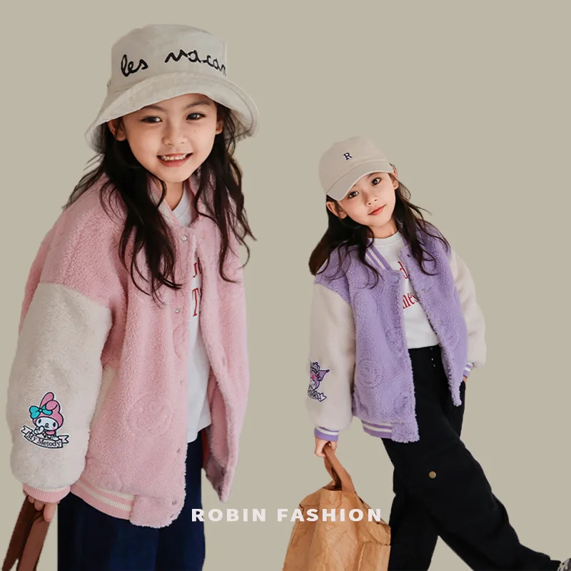

Sanrio Kawaii Anime My Melody Autumn Winter Plush Baseball Uniform Cute Kuromi Cartoon Warm Long-Sleeved Coat Gifts for Kids