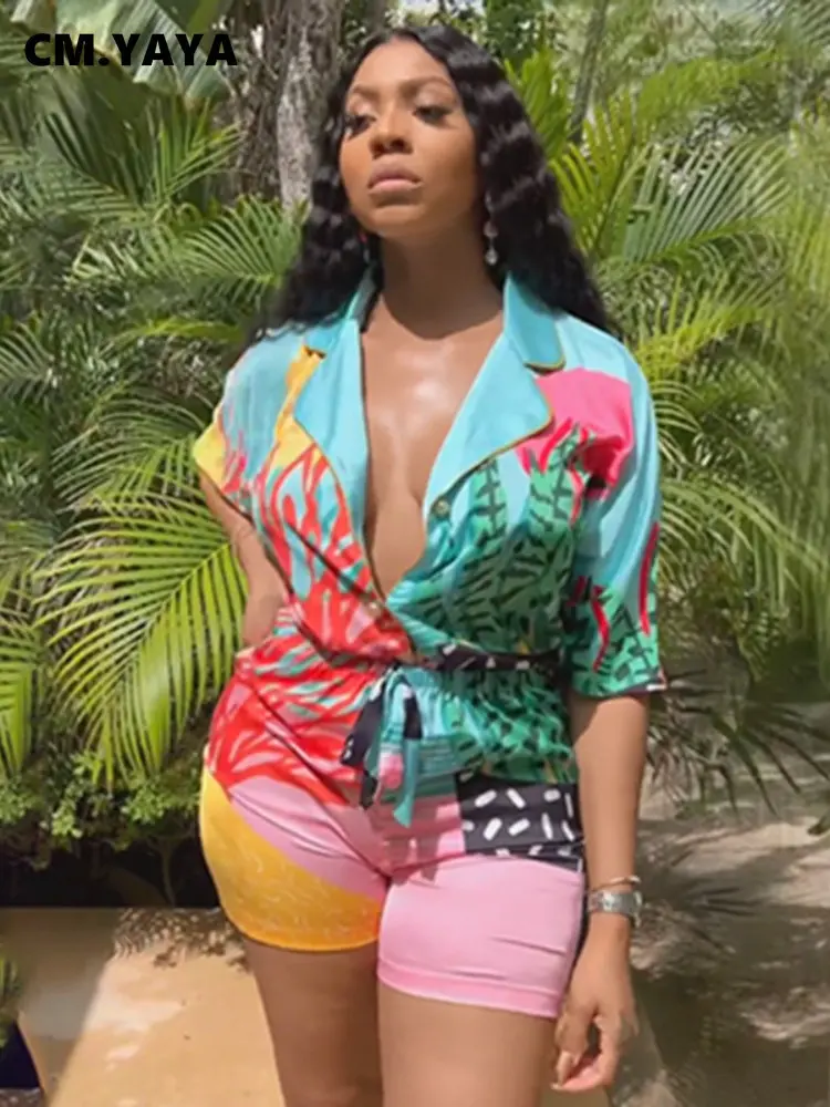 

Женский праздничный комплект из 2 предметов CM.YAYA, Коралловая рубашка с отложным воротником и короткими рукавами и шорты, костюм, женская оде...