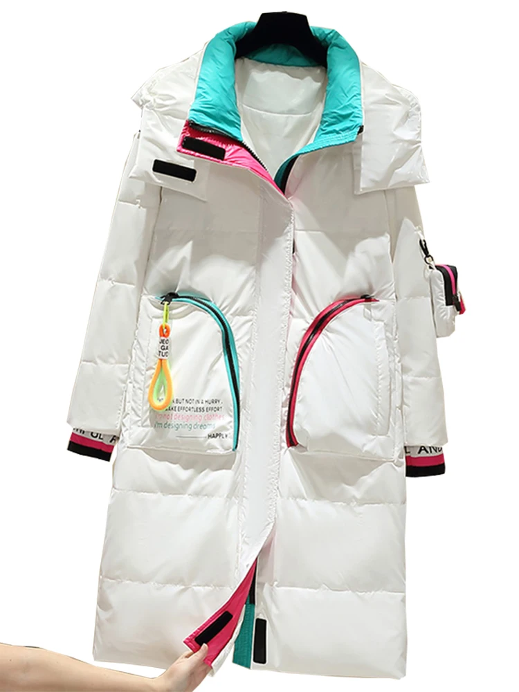 

2023 Winter Women Long Glossy Parka 90% White Duck Down Jacket Hooded Snow Coat Female Puffer Jacket Windproof Rainproof Outwear