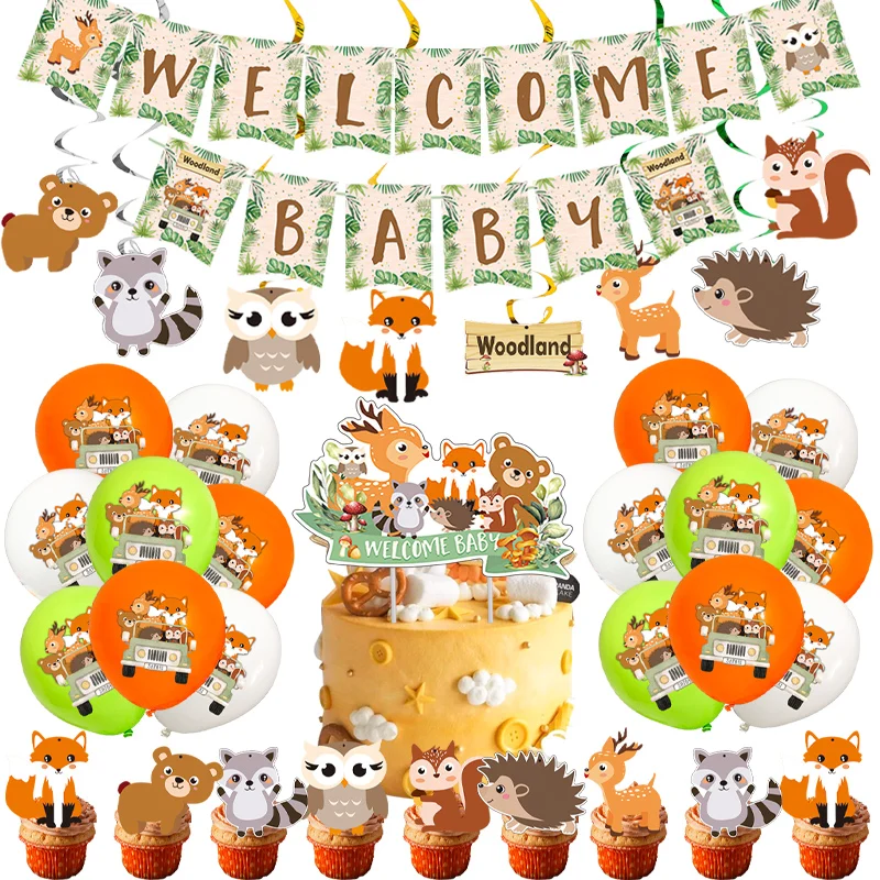 

48pcs Woodland Animals Theme Party Decorations Baby Shower Wood Animals Theme Balloons Cupcake Flags Banners Ceiling Decorations