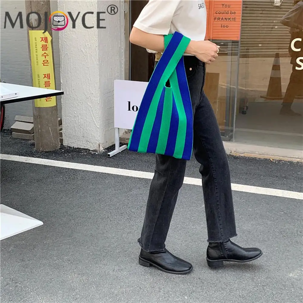 

Индивидуальная женская вязаная сумка через плечо в полоску, повседневная универсальная сумка контрастных цветов с верхней ручкой, портати...