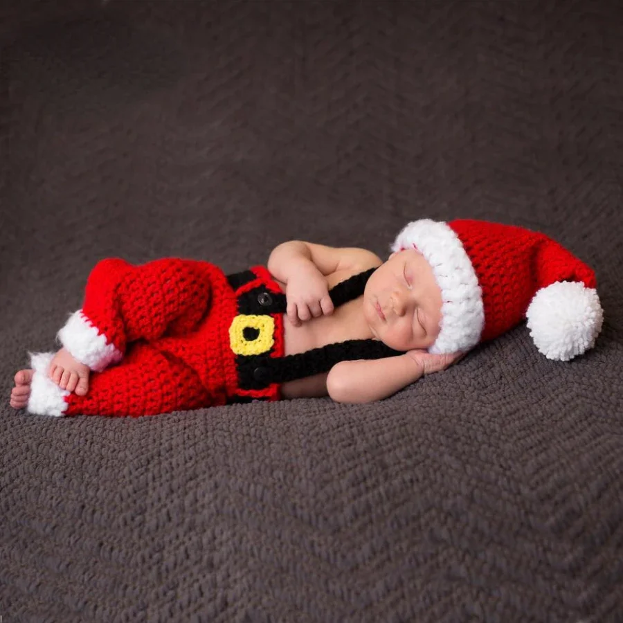 

Трикотажная одежда, Рождественский реквизит для детской фотосъемки, наряды, шапка Санты, брюки, костюм для новорожденных детей, рождественские тематические костюмы