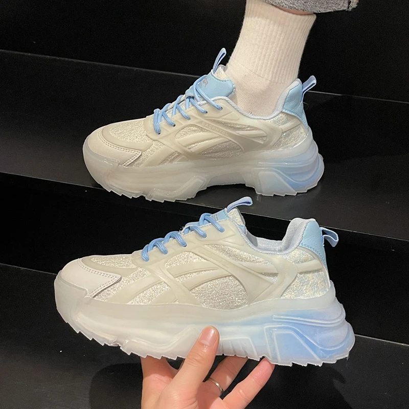 2022 Summer Bling Blue Chunky Sneakers Women Fashion Transparent Heels Casual Footwear Ladies Comfortable Flats Shoes Walking