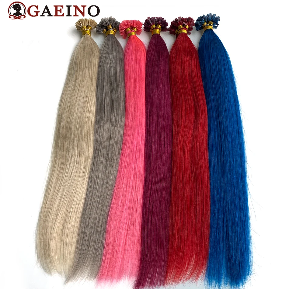 Straight nail u tip hair extensions natural real human fusion hair extensions pre bonded keratin Capsule bule pink red color