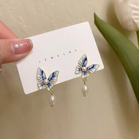 mihan 925 silver needle delicate jewelry butterfly earrings pretty enamel simulated pearl drop earrings for women party gifts