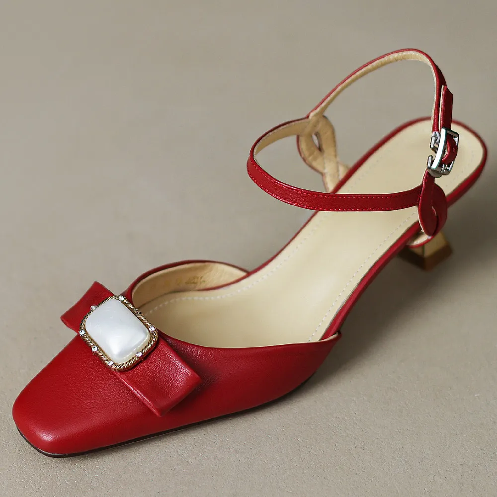 

Women's genuine leather square toe thin high heel ankle strap sandals elegant ladies sweet bowtie evening dress pumps heels shoe