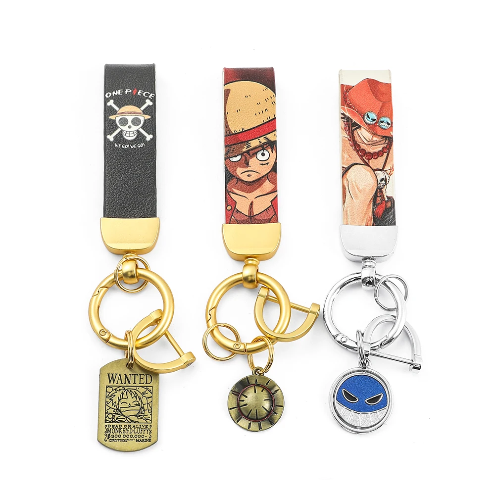 

Anime ONE PIECE Leather Keychain Figure Monkey D Luffy Leather Badge Metal Straw Hat Pendant Car Key Holder Accessories Gifts