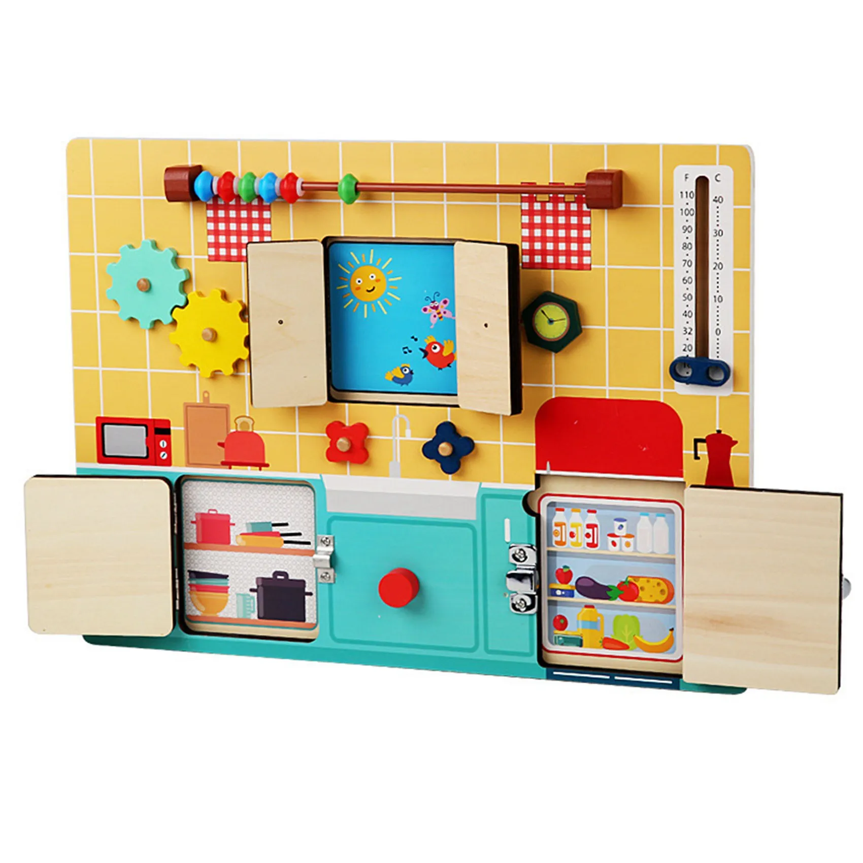 

Educatuion Children's Wooden Kitchen Themed Busy Board Kitchenware Recognition Intelligence Develop Toy Gift