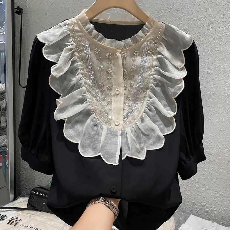 

High-end Ruffles Beading Blusas Femininas Elegantes 2023 Summer New Sweet Women's Short Sleeve Stand Collar Tops and Shirts