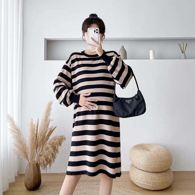

Осеннее трикотажное платье в полоску, свободная одежда с рукавами-фонариками для беременных, повседневная одежда для беременных
