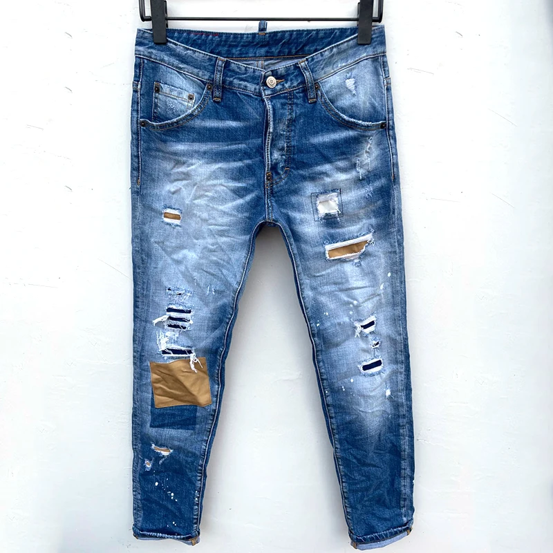 2023 New Starbags DSQ Trendy Men's wash, worn holes, patch cloth, small elastic fit, small feet blue jeans men