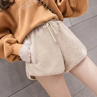 lamb wool drawstring elastic waist fur one piece shorts womens autumn and winter new outer wear black wide leg boots and pants