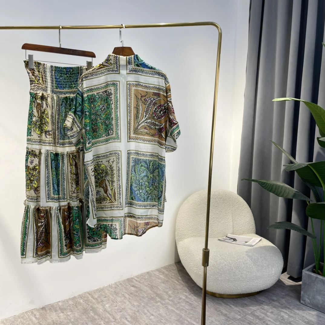 

2 Pieces Set 2022 Spring New Arrival Paisley Print Plaid Indie Folk 100%Ramie Short Sleeve Single Breasted Women Shirts Skirt