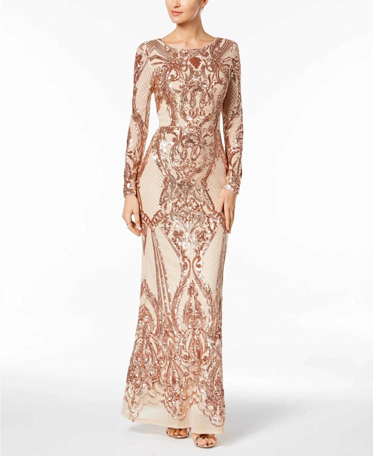 

Glitter Champagne Sequined Evening Dresses For Women Long Sleeves Crew Neck Long Formal Party Dinner Gowns 2022 Special Occasion