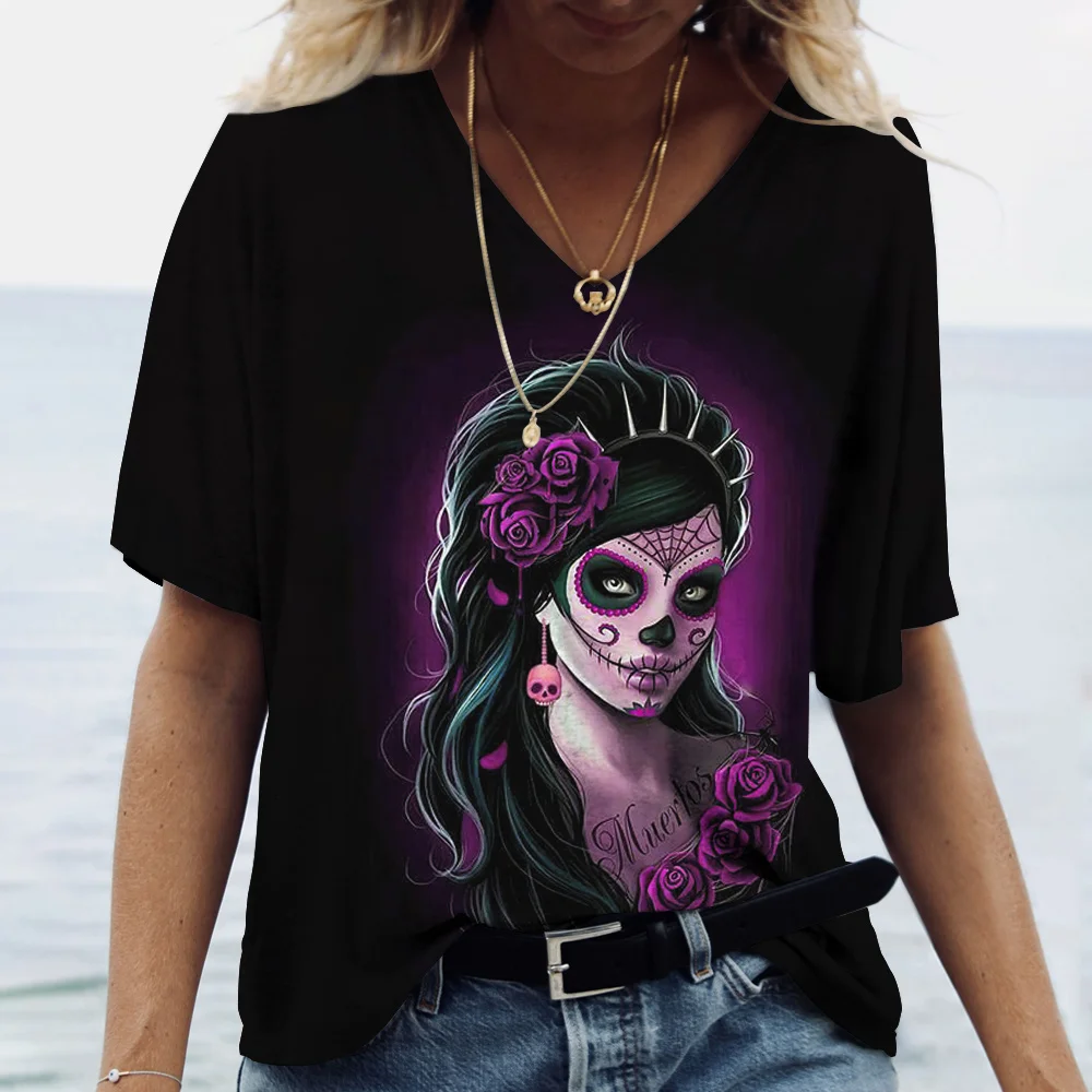 Summer 2023 New 3D Horror Skull Print Women s V-neck Top Short Sleeve T-shirt Casual Funny Harajuku Versatile Y2K Clothing S-5XL