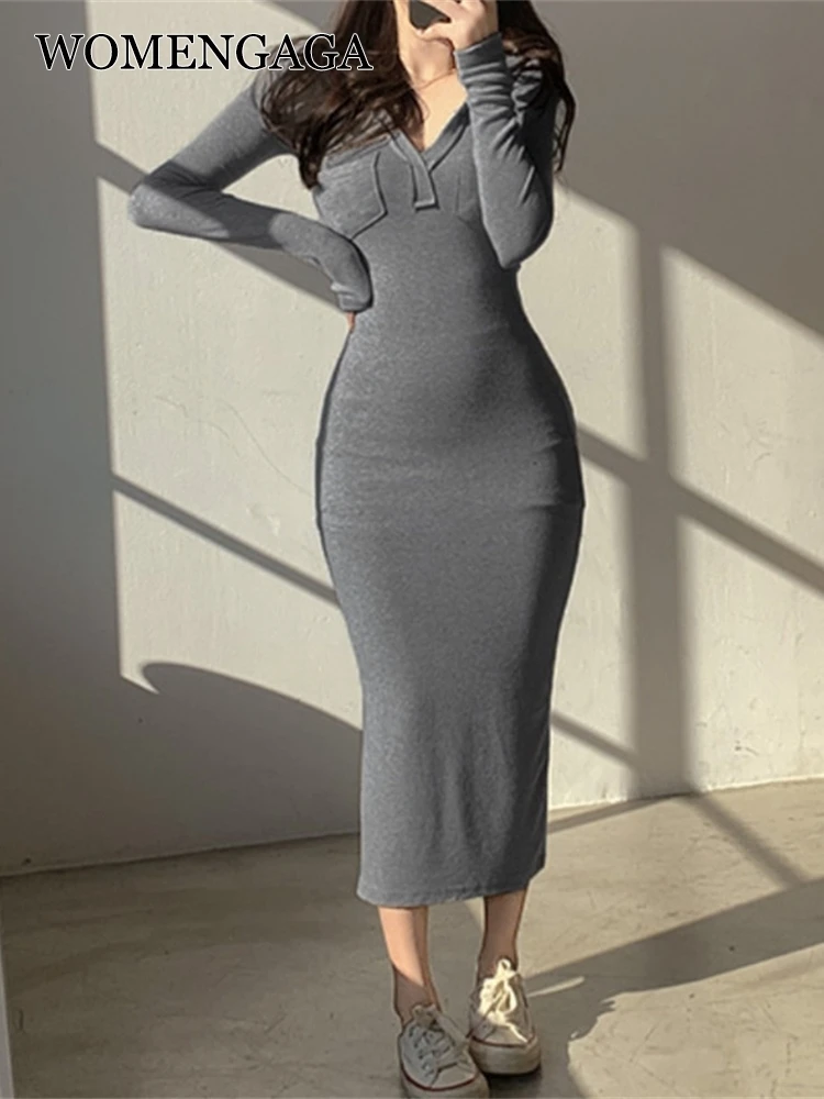 

WOMENGAGA Elegant V-neck Hooded Long Sleeve Grey Base Maxi Long Dress Autumn Winter 2021 Tight Skinny Dresses Korean Sexy N1W2